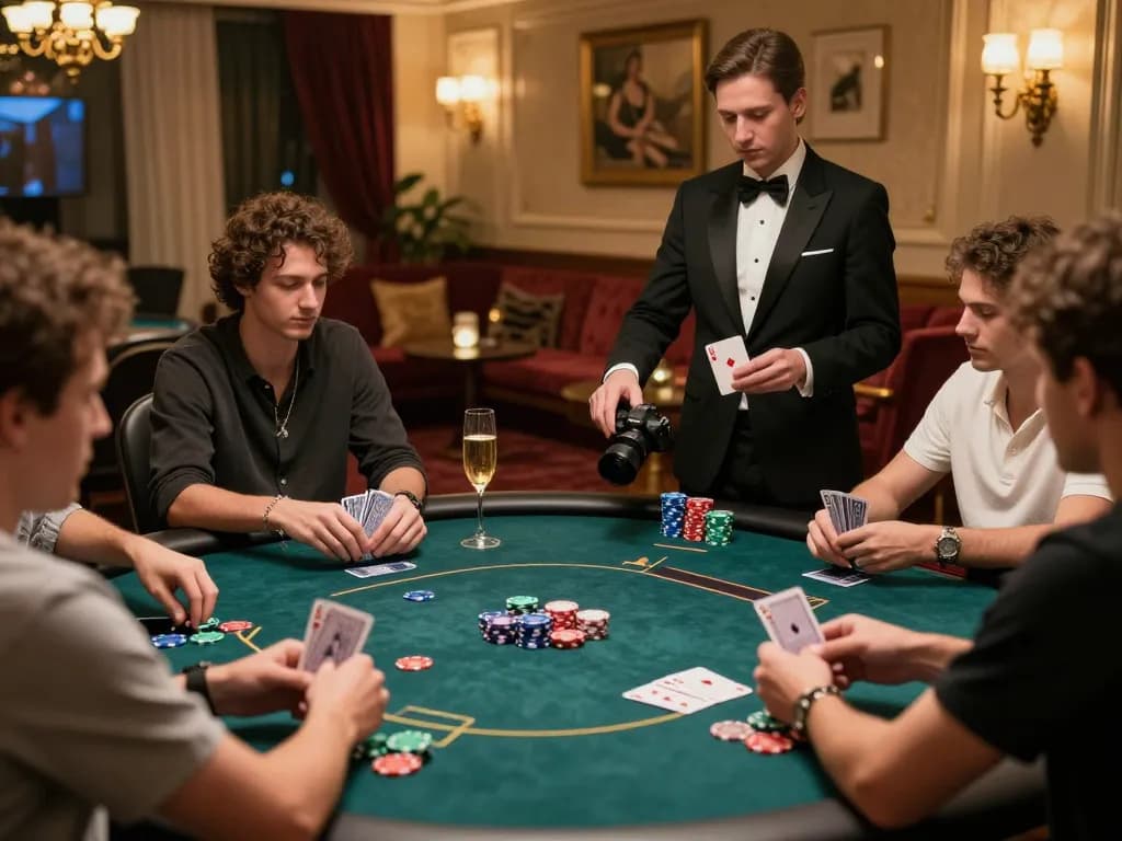 Players engage in a thrilling poker game at WIN79's luxurious gaming venue, emphasizing strategy and excitement.