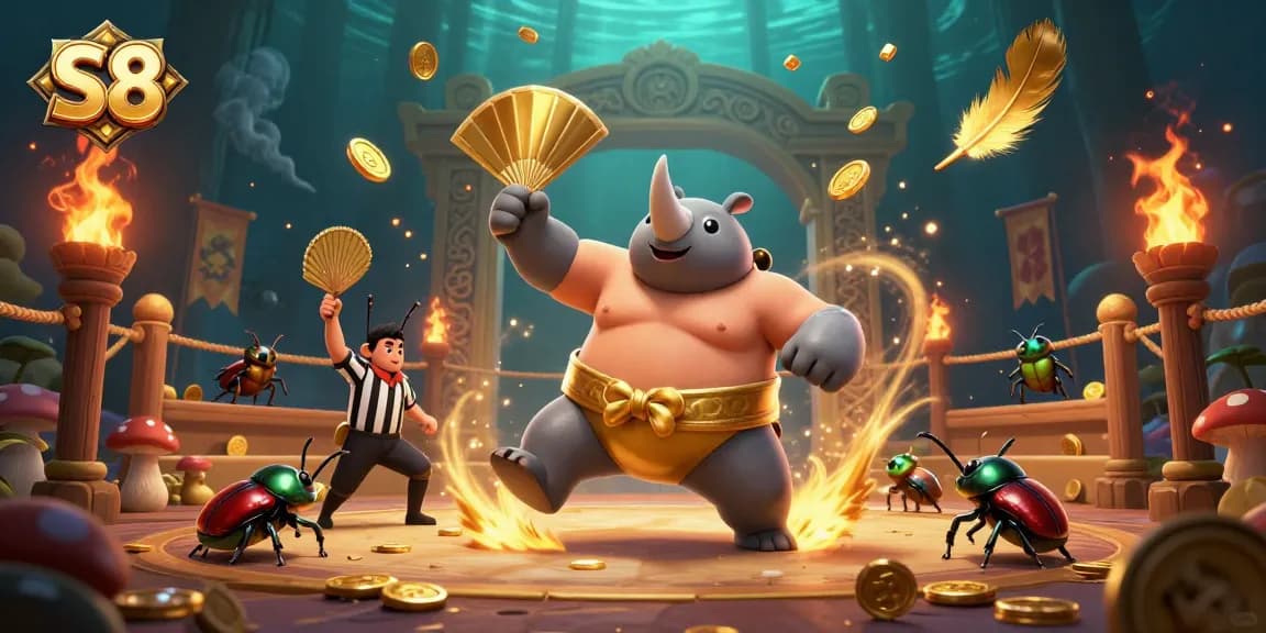 S8 themed cartoon beetle champions compete in a vibrant casino-style arena, showcasing action and excitement.