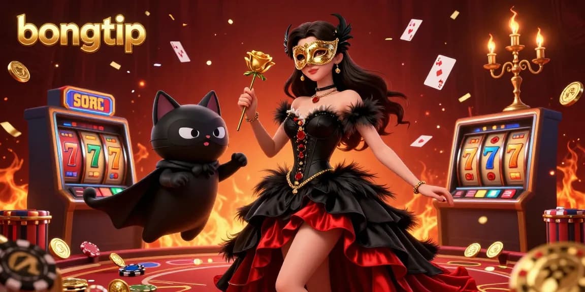Bongtip showcases a rich casino scene with a glamorous woman, glowing chips, and floating cards.