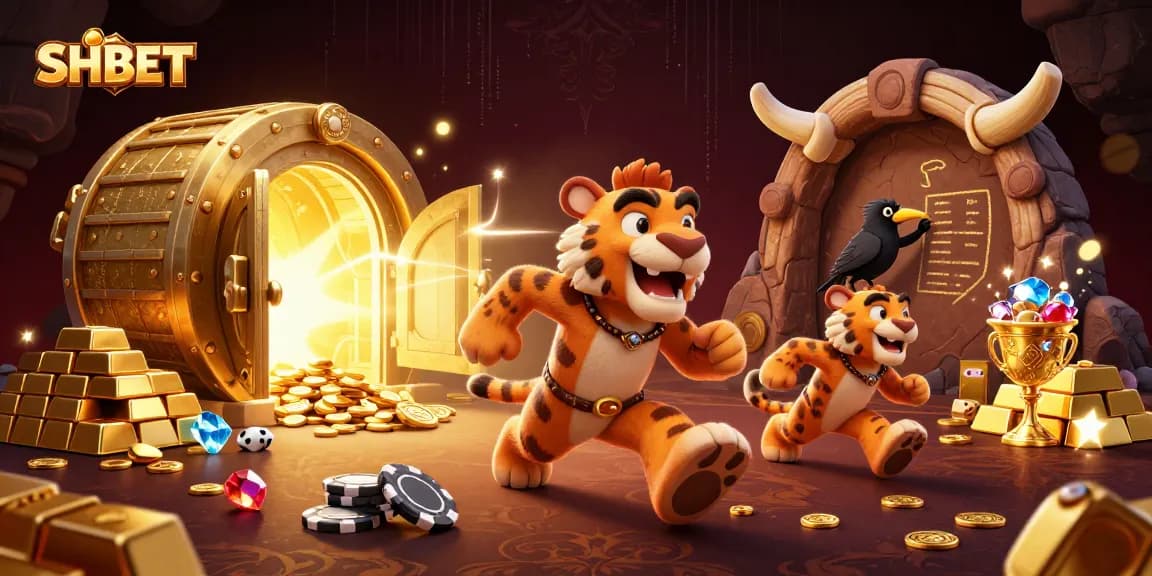 SHBET caveman and sabertooth running a prehistoric casino, surrounded by treasures and neon effects