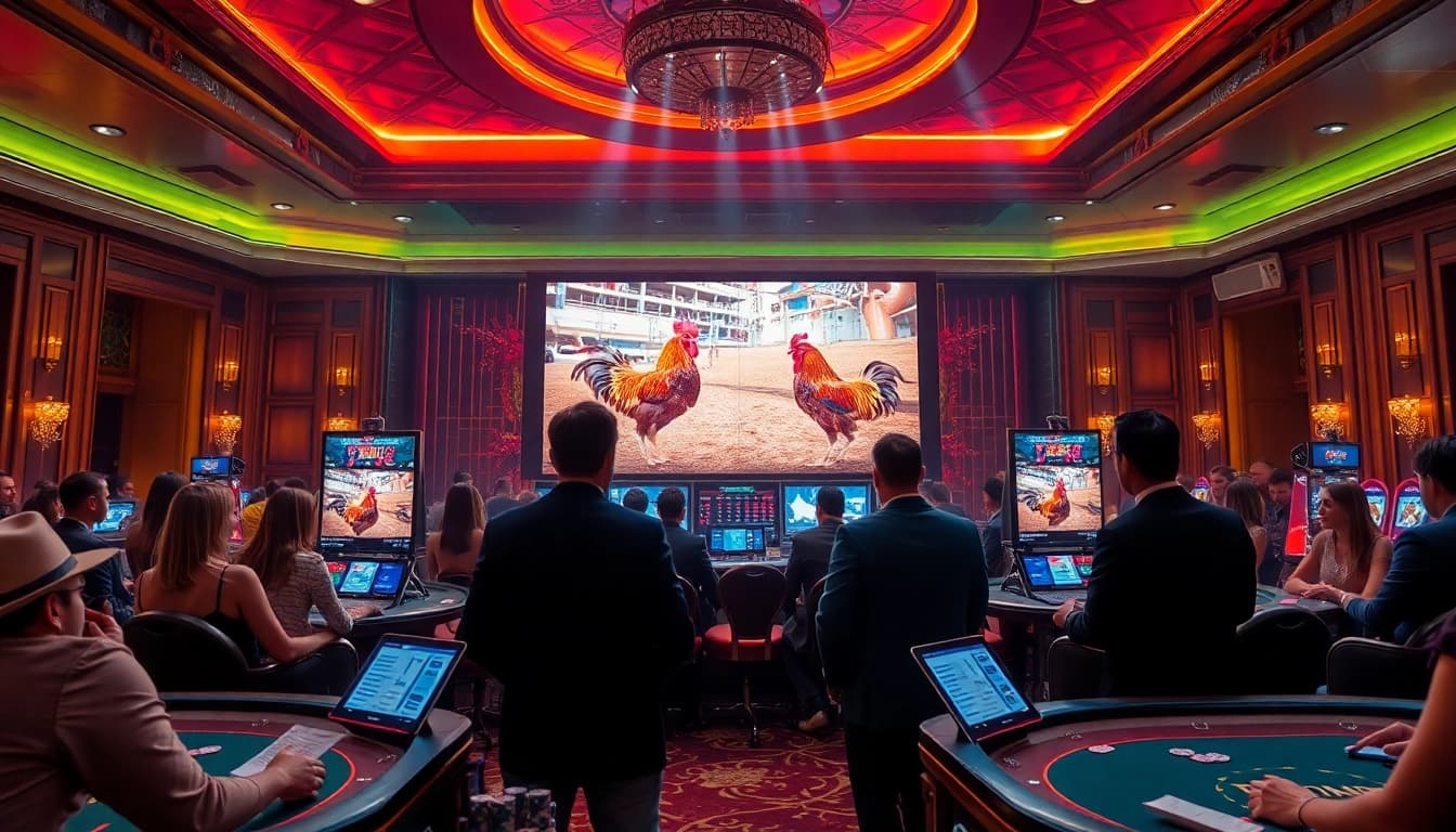 Experience the thrill of đá gà trực tiếp in a luxurious casino setting with live rooster fights showcasing player strategies.