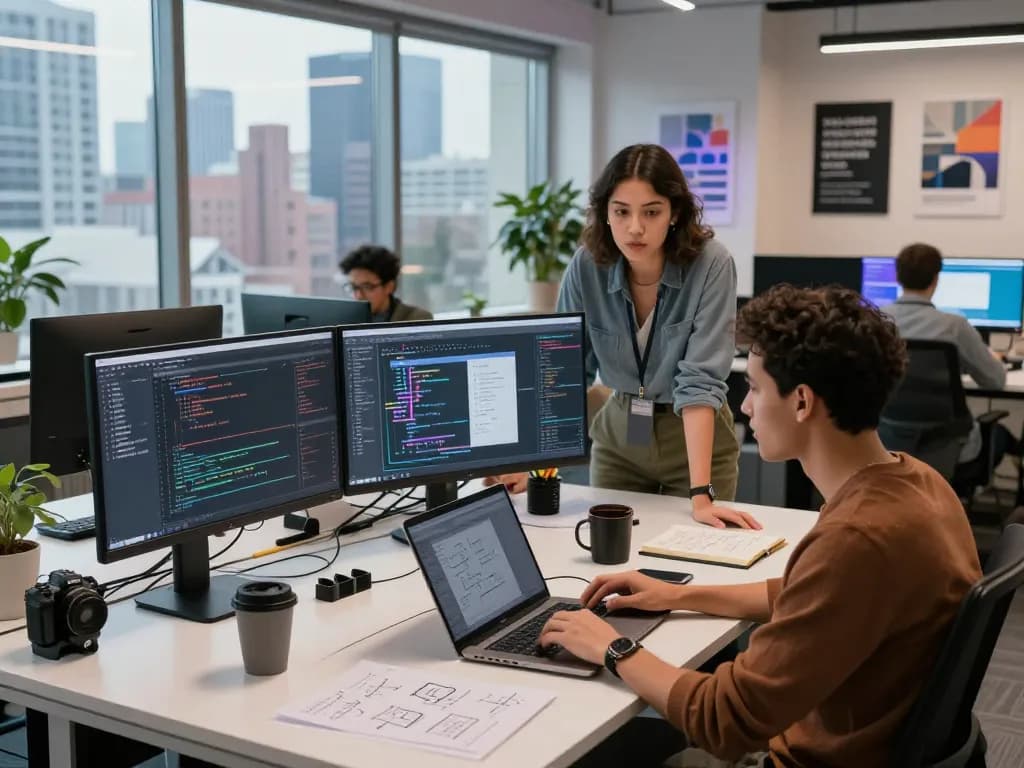 Diverse professionals collaborating in a modern tech workspace at Techsslaash, showcasing coding and project management.