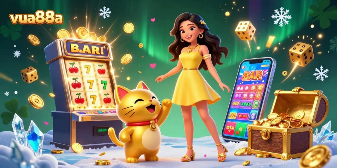 Experience the excitement of vua88a with a joyful Asian woman and a golden lucky cat amidst casino elements.