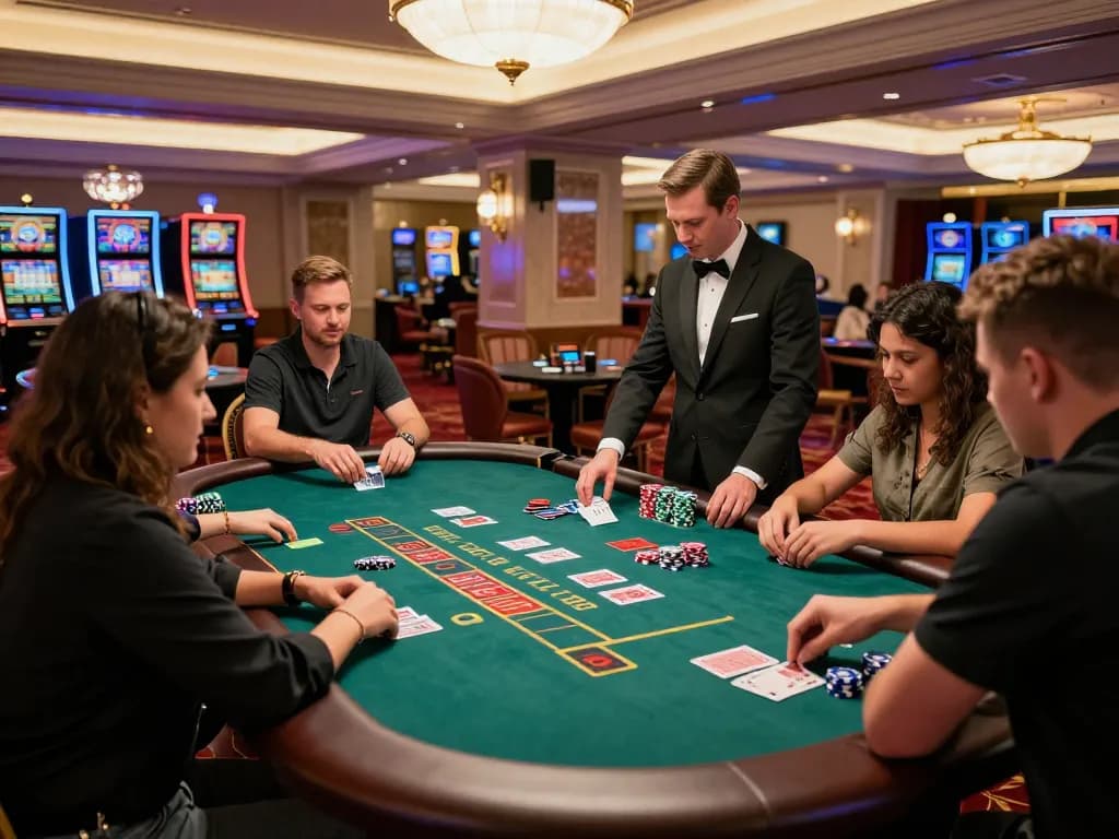 Players strategizing at the nhà cái lv88 blackjack table in an upscale casino.