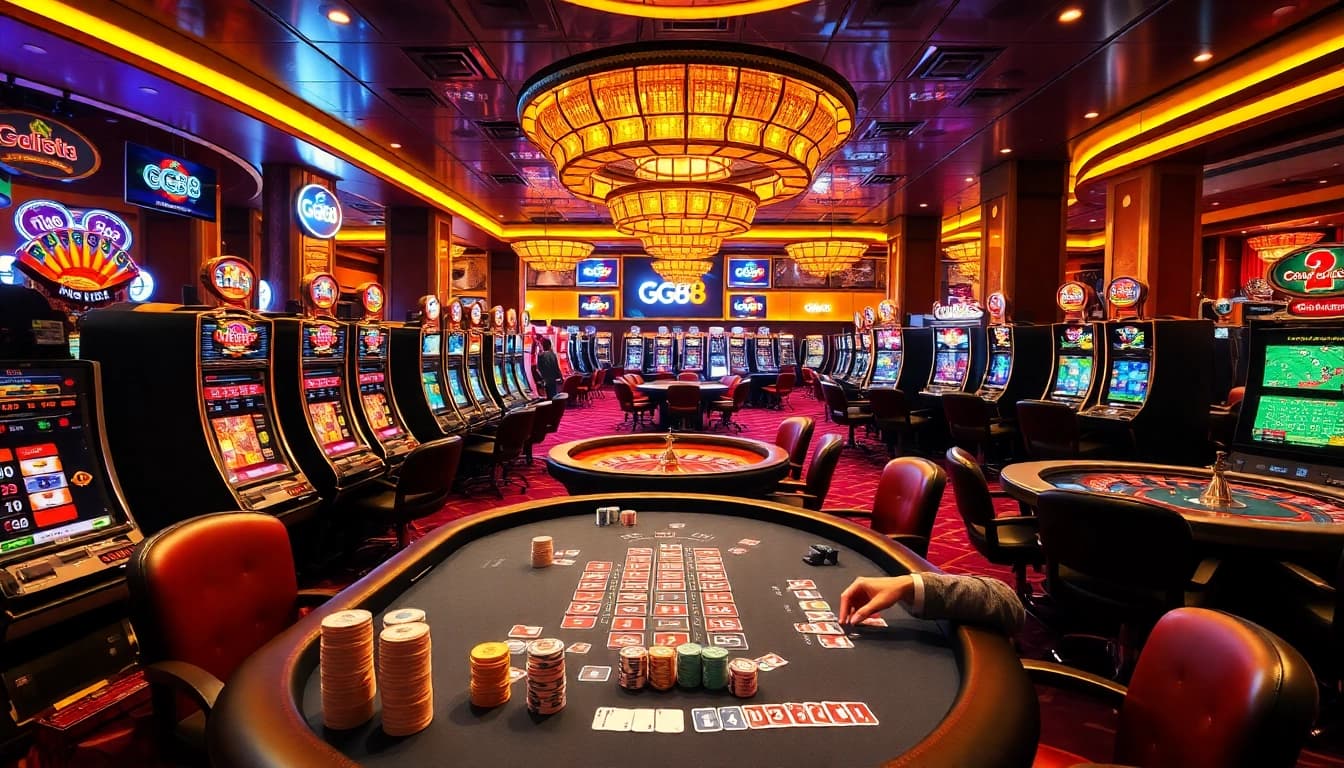 Exciting GG88 gaming area with vibrant slot machines and poker action.