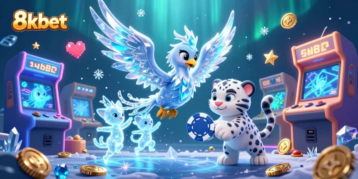 Experience winning with 8kbet's captivating casino world depicted in an ice-themed 3D illustration.