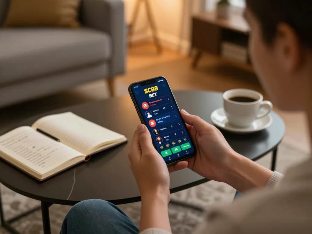 Engaging with SC88 BET app on smartphone while enjoying responsible gaming in a cozy home setting.