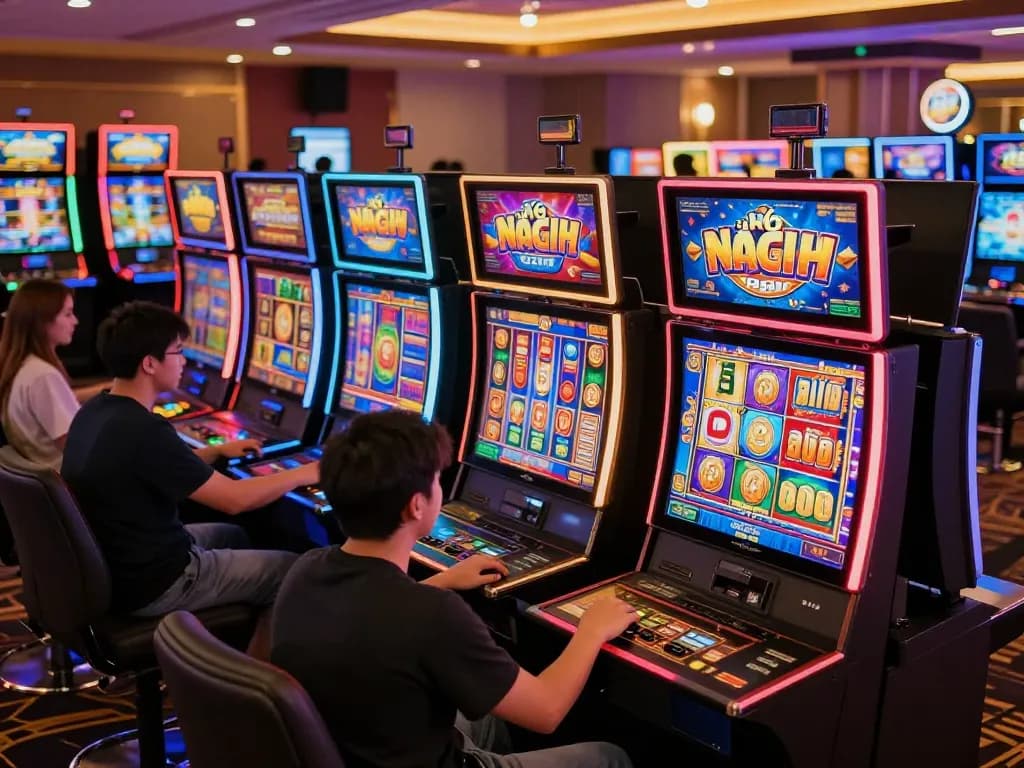 Nổ hũ slot machines attracting players with colorful screens and animated displays in an online casino.