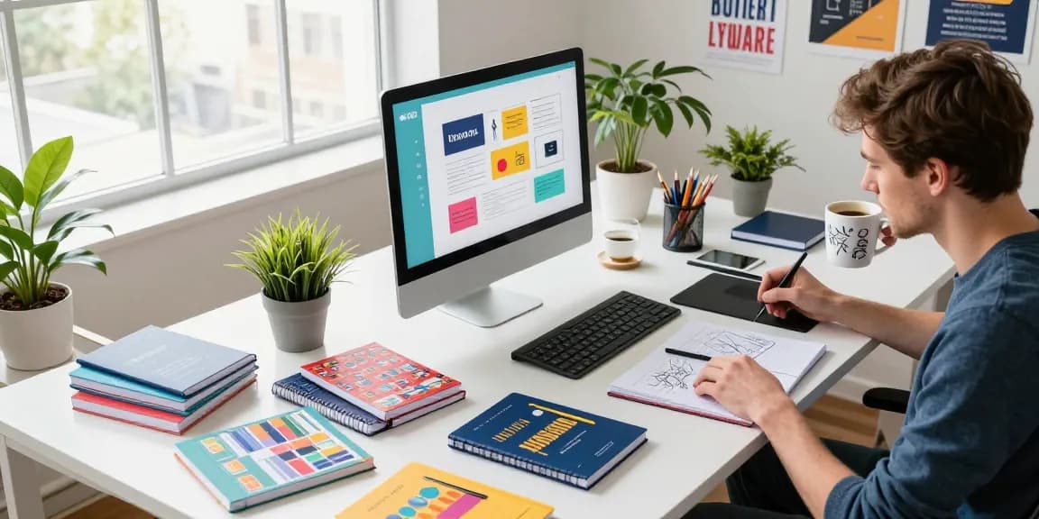 Designer creating custom printed notebooks in a vibrant office.