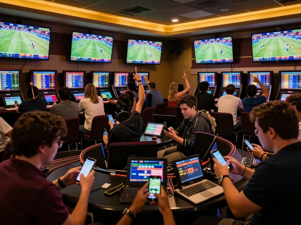 Tỷ lệ kèo nhà cái 5 shown on live screens during an exciting sports betting event, capturing dynamic fan interactions.