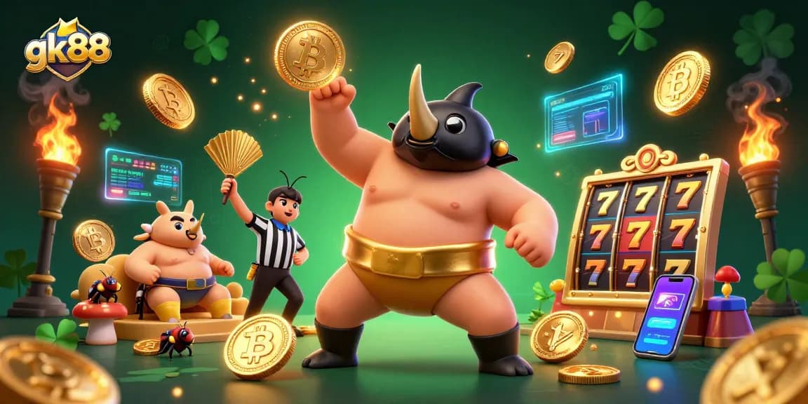 Engage with gk88 as the sumo champion beetle stomps and sends flying coins in this vibrant casino scene