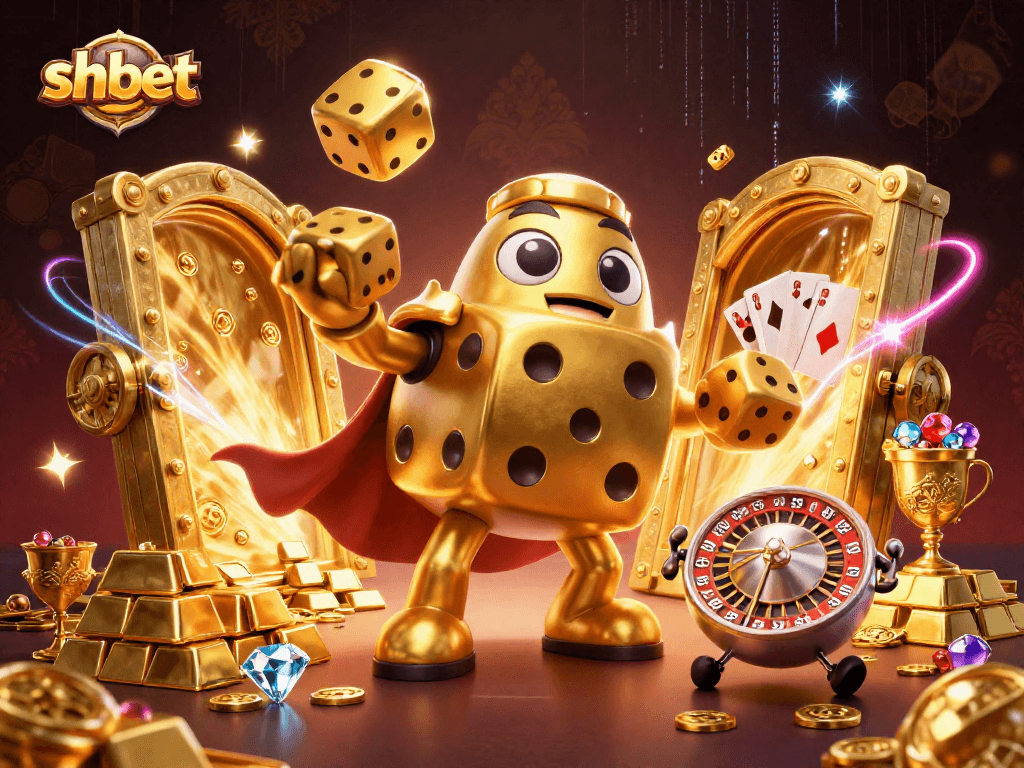 Experience thrilling games at shbet with golden dice golem characters and treasure elements.