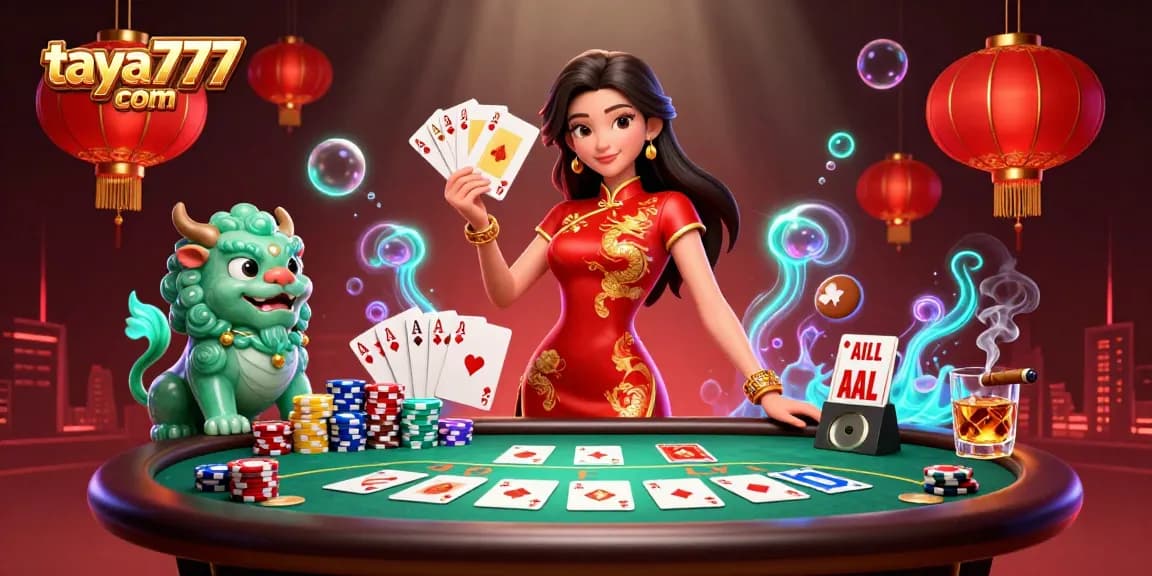 Experience excitement with taya777 com, featuring a vibrant casino scene with a winning woman and golden cards.
