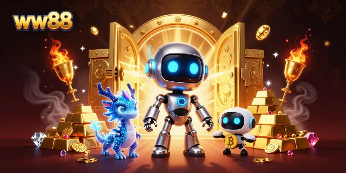Engage with exciting games on ww88, featuring a futuristic robot mascot and vibrant casino elements