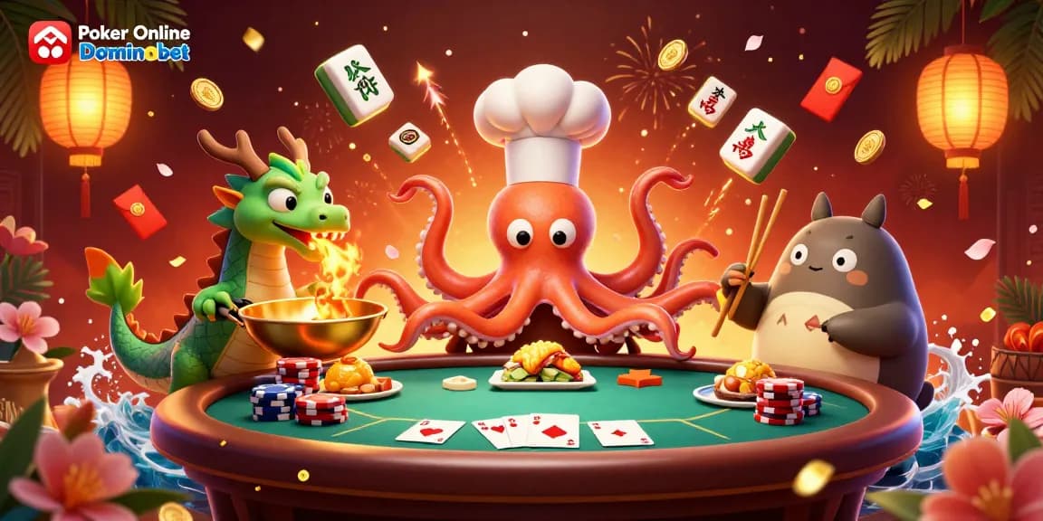 Poker Online Dominobet scene with octopus chef and dragon, surrounded by poker elements.