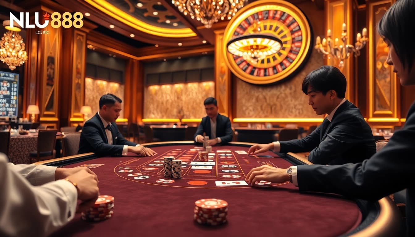 Experience excitement at NHÀ CÁI UU88 with a luxurious casino gaming table filled with vibrant chips and cards.