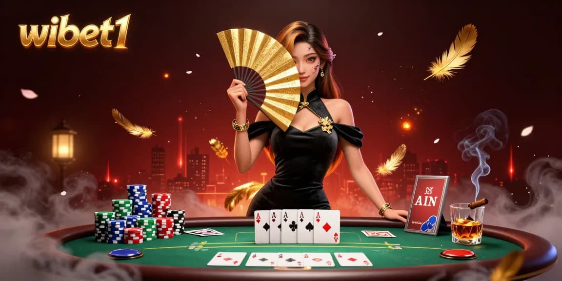 wibet1 brings to life an exquisite Asian dealer amidst dynamic poker action with vibrant game elements.