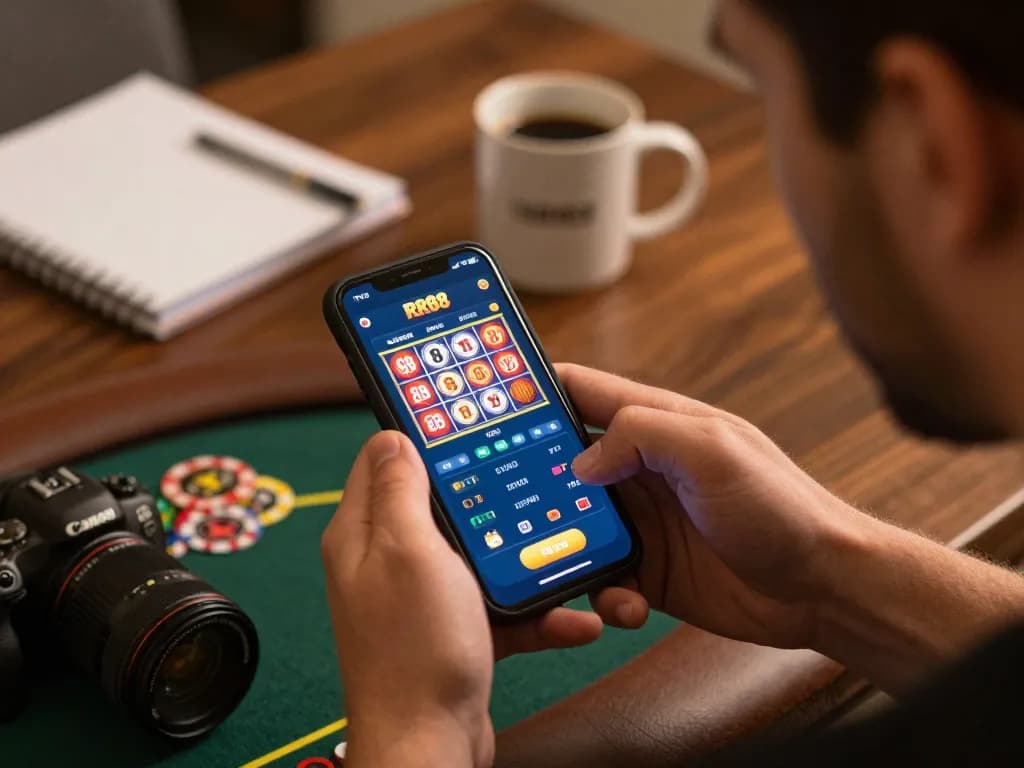 Engaging with RR88 app for online slots and poker, person playing in cozy home setting