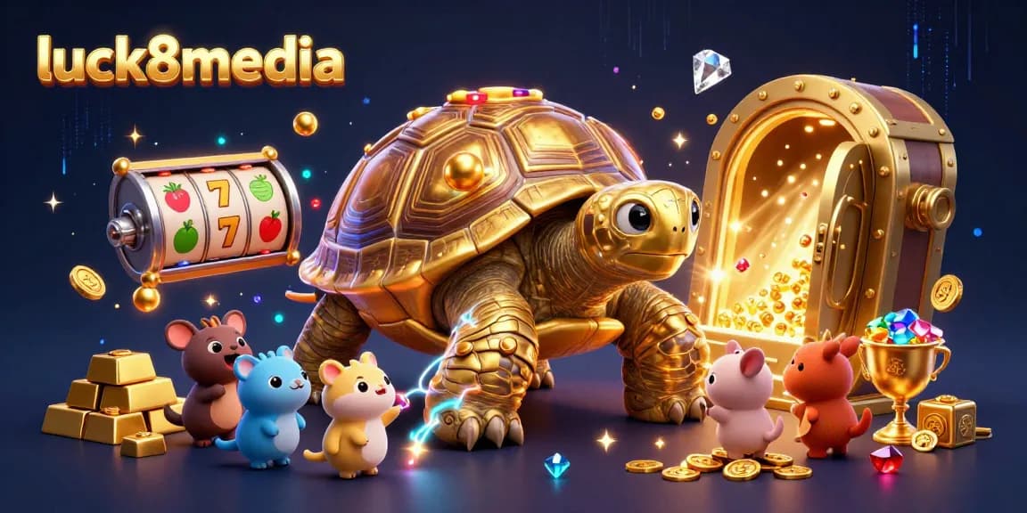 Excited players engage with luck8media’s unique gaming fun featuring a colossal golden tortoise and vibrant slot reels.