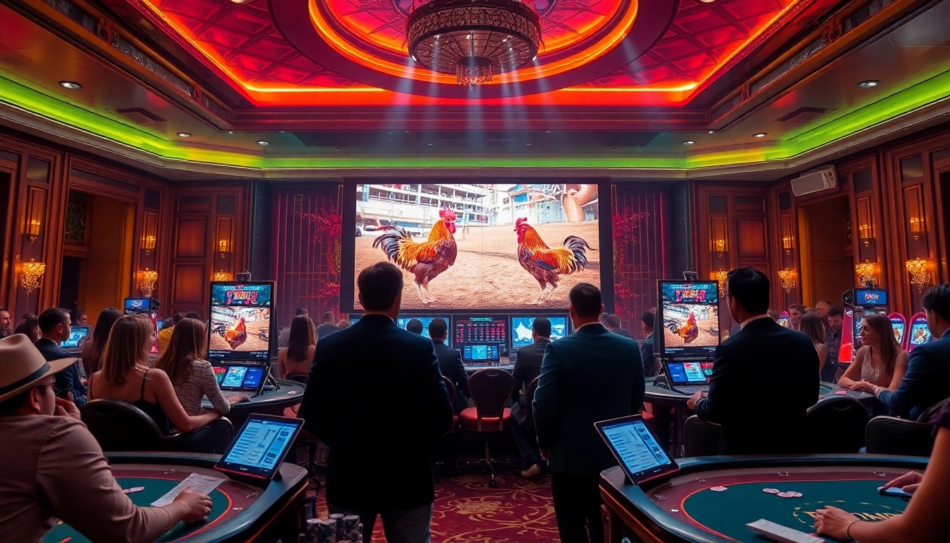 Experience the thrill of đá gà trực tiếp in a luxurious casino setting with live rooster fights showcasing player strategies.