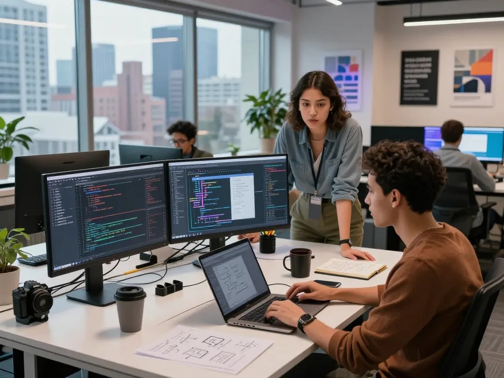 Diverse professionals collaborating in a modern tech workspace at Techsslaash, showcasing coding and project management.