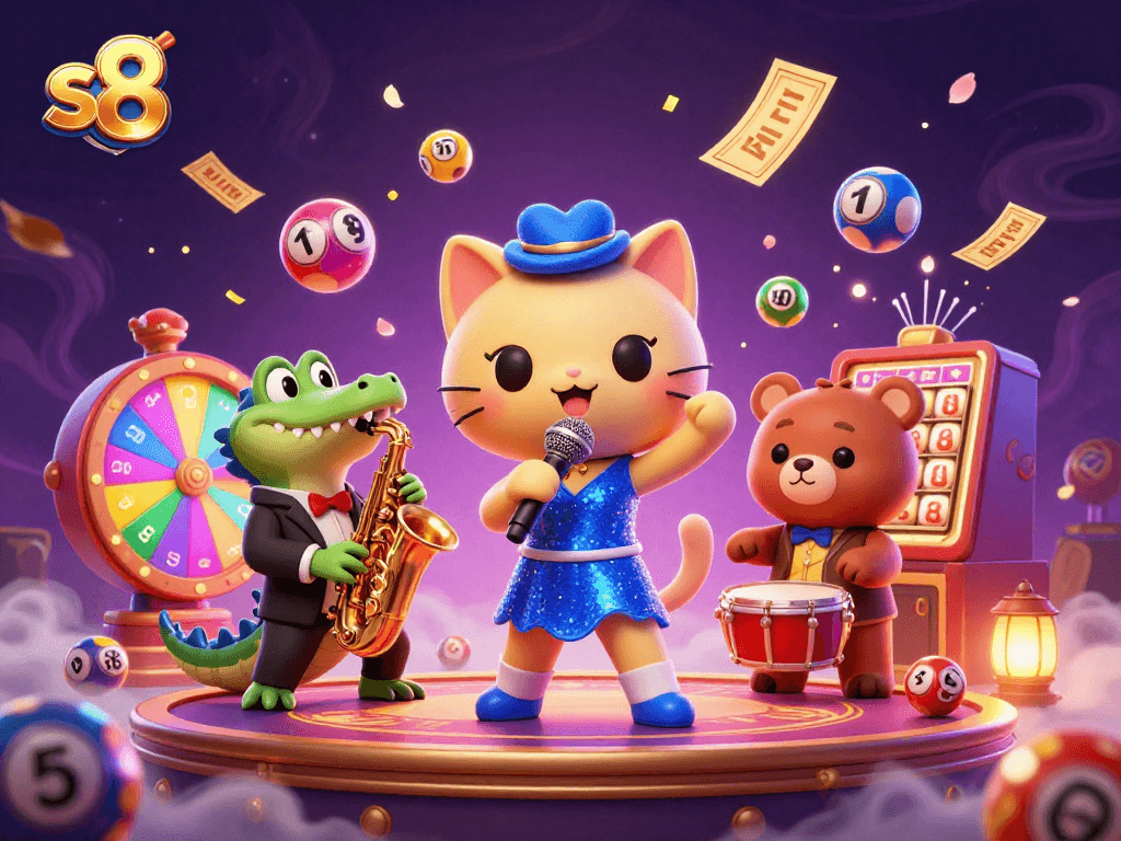 Experience the thrill of winning at s8 with vibrant lottery balls and energetic casino characters.