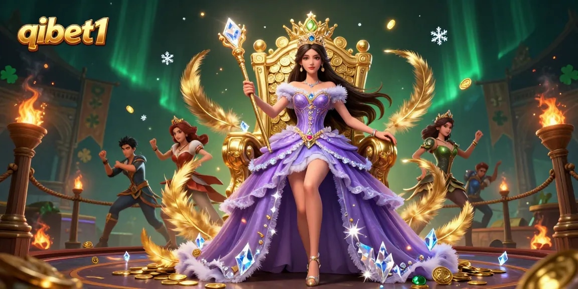 Engage with exciting games at qibet1, featuring a regal princess amidst lavish casino elements and golden coins.