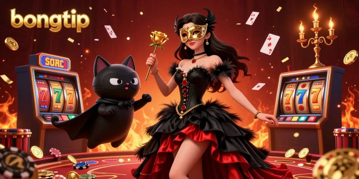 Bongtip showcases a rich casino scene with a glamorous woman, glowing chips, and floating cards.