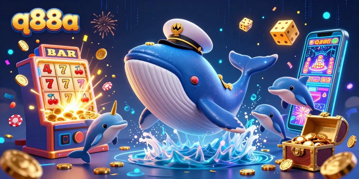 Playful dolphins and a whale symbolize q88a in a vibrant casino-themed digital illustration.