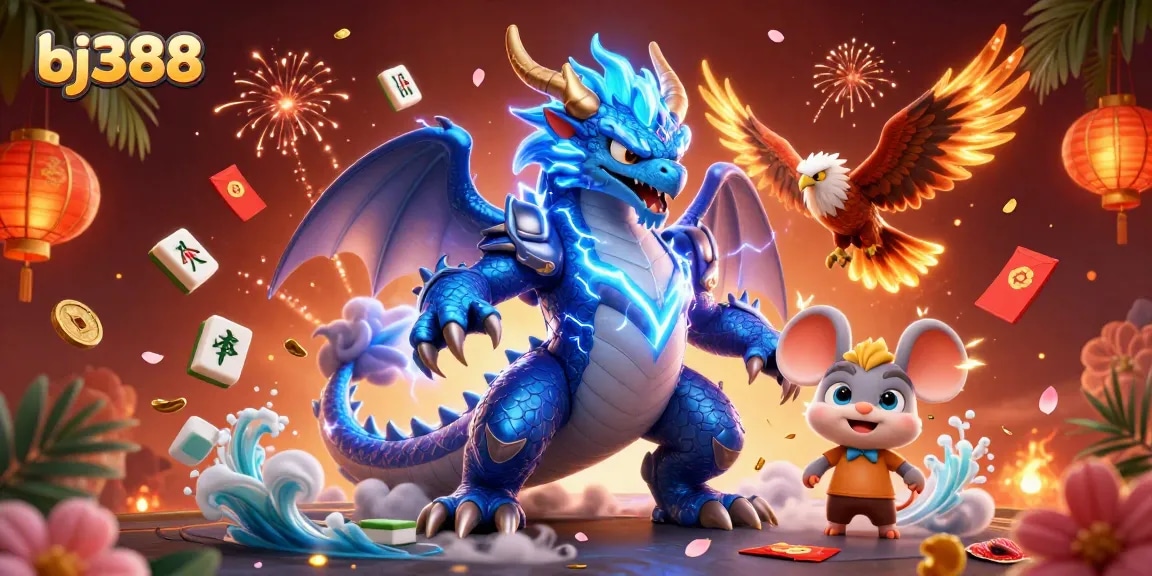 Engage in thrilling betting at bj388 with a vibrant, dynamic casino illustration showcasing energetic characters.