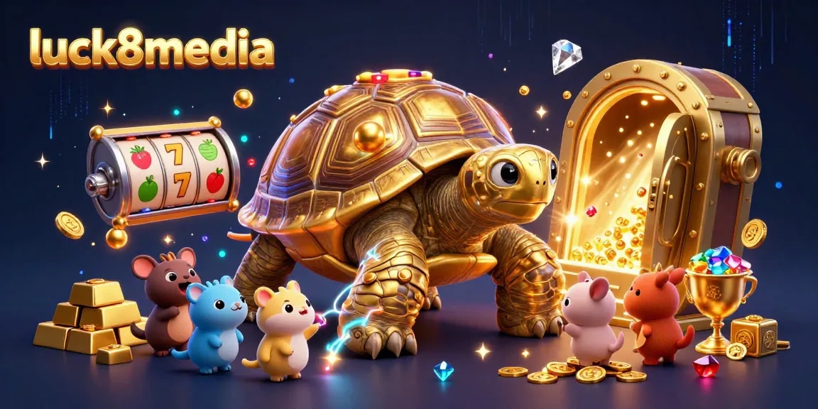 Excited players engage with luck8media’s unique gaming fun featuring a colossal golden tortoise and vibrant slot reels.