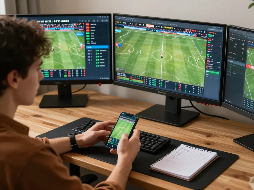 FC88 sports betting setup with a smartphone and dual monitors displaying live odds and match stats