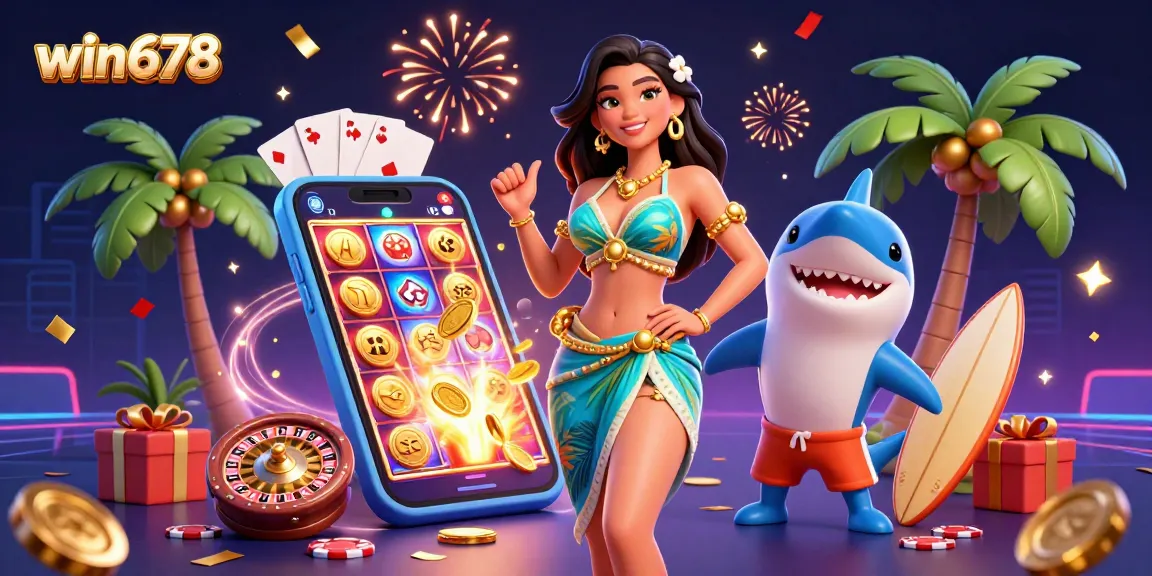 Experience the excitement in win678 with vibrant slot games, casino elements, and colorful characters.
