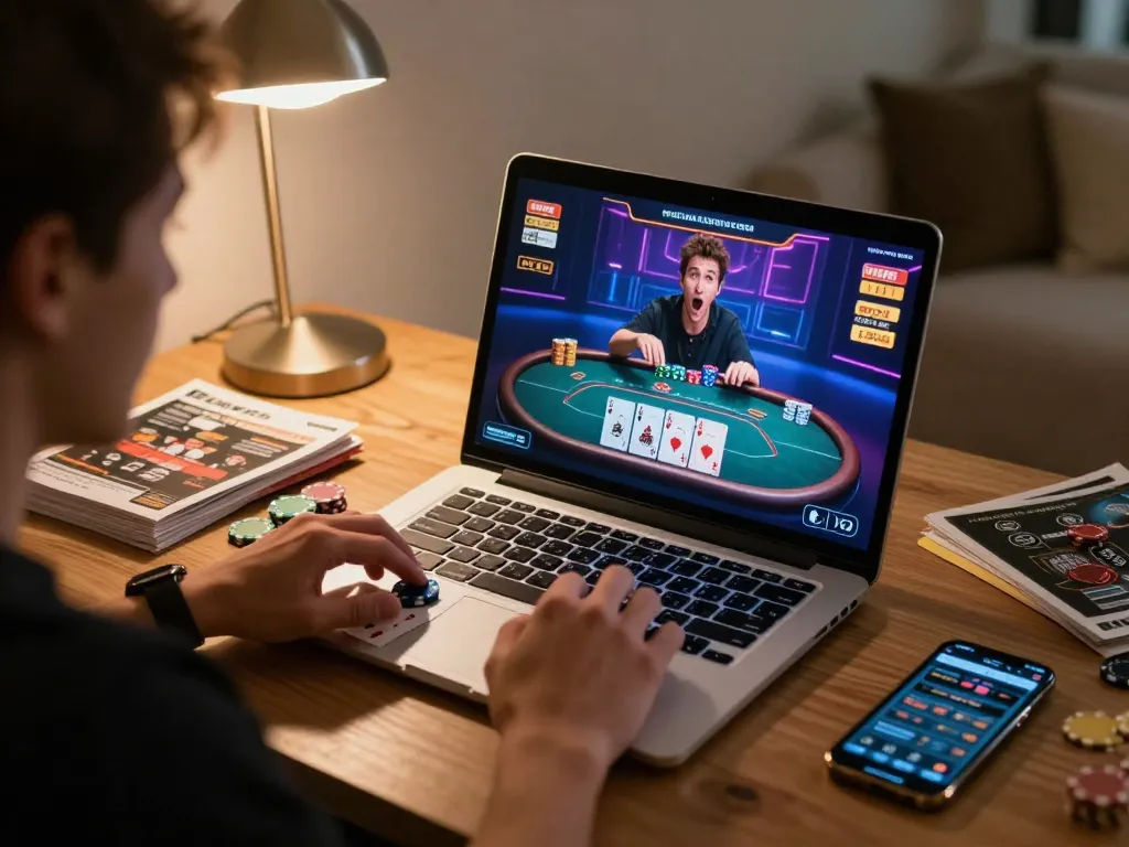 Person playing poker online with MM88 TODAY, focusing on vibrant game screen and personal ambiance