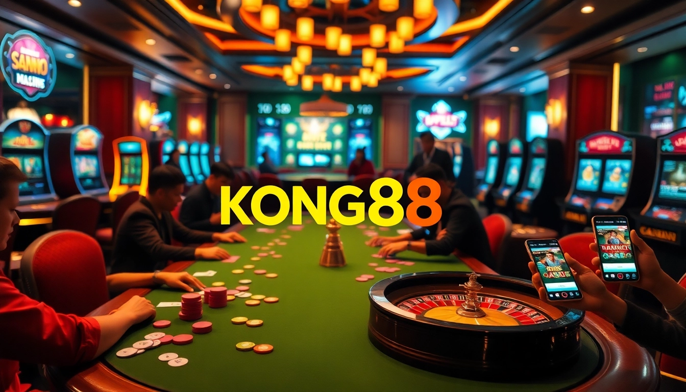 KONG88 players enjoying a thrilling poker game with colorful chips and a roulette wheel.