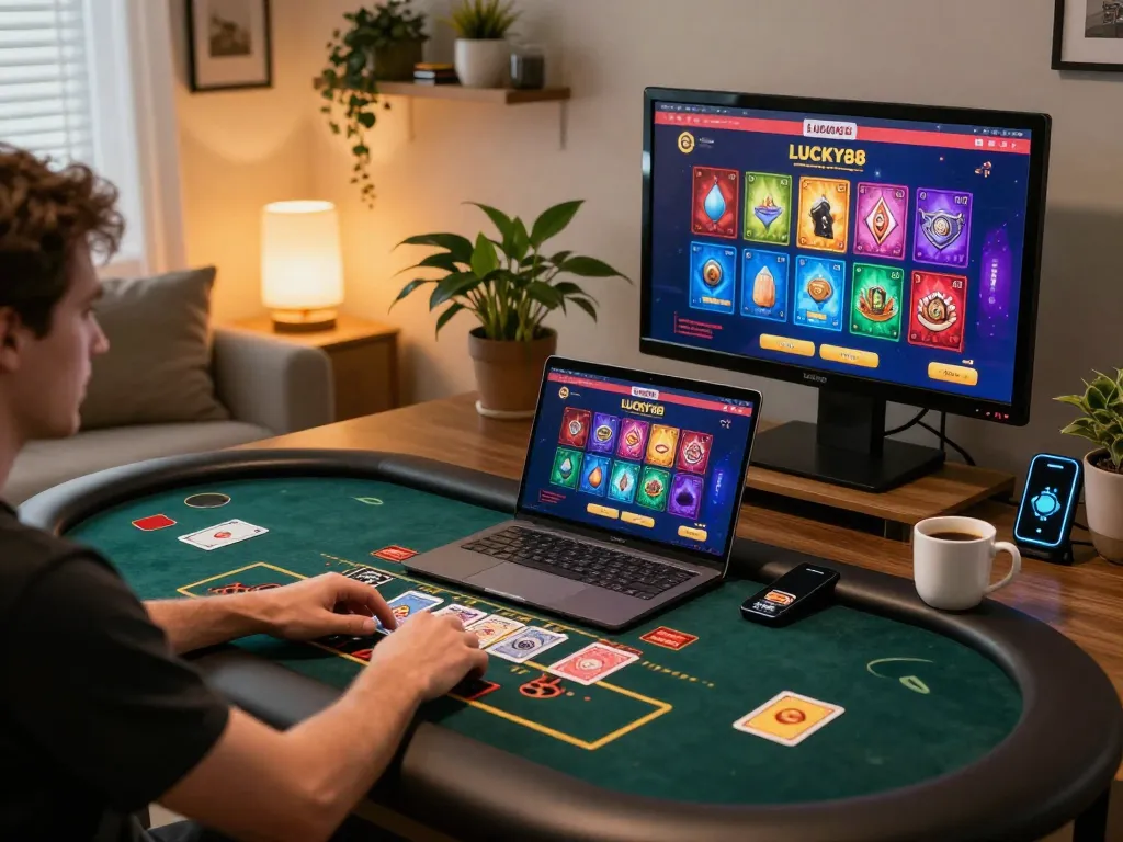 LUCKY88 online gaming experience showcasing engaging live dealer table with cards being dealt at home.