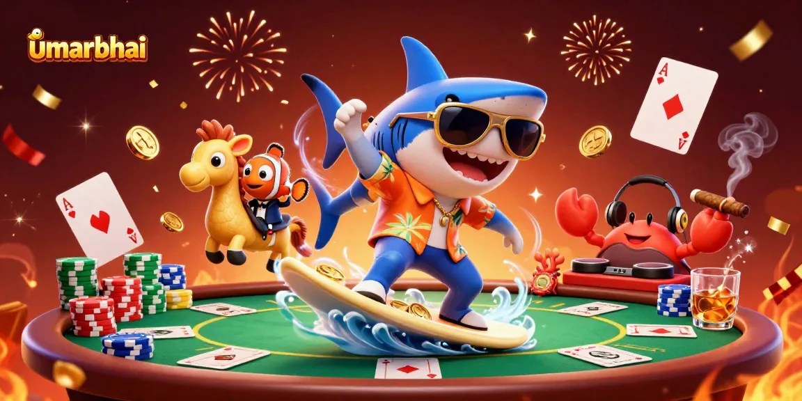 Engage in thrilling casino adventures with umarbhai, featuring a playful shark and vibrant poker elements.