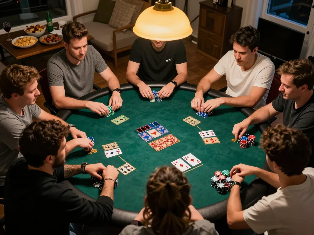Engaged friends playing poker at home, showcasing ww88ho.com gaming social atmosphere.
