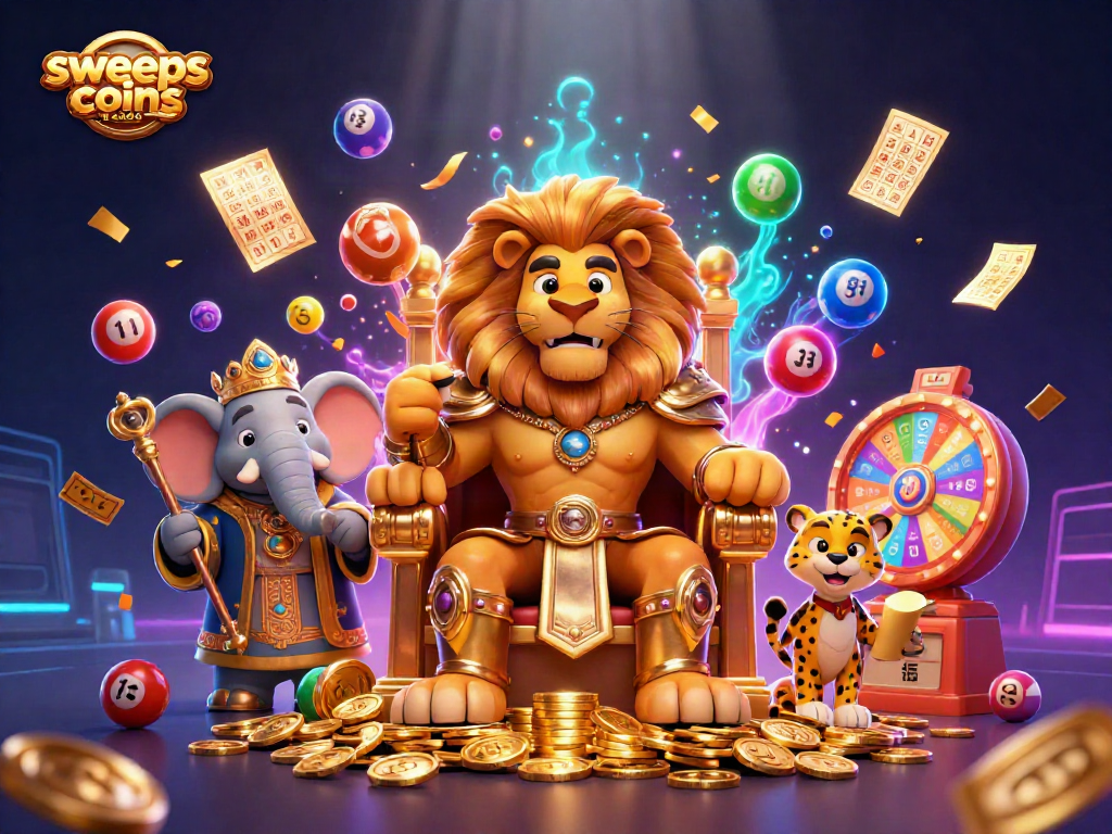 Engage in thrilling gameplay at sweeps coins casino with a lion king on his throne amidst dynamic lottery elements.
