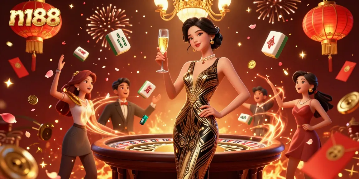 Experience the thrill of n188 casino with glamorous characters and festive elements celebrating victory.