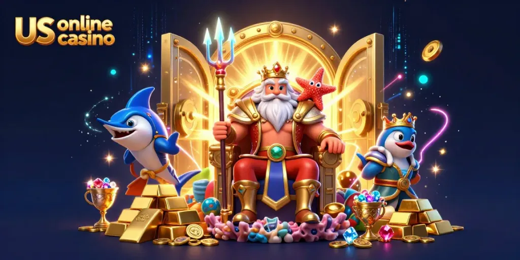 Experience the thrill of us online casino games with vibrant cartoon scene featuring Neptune and treasures.