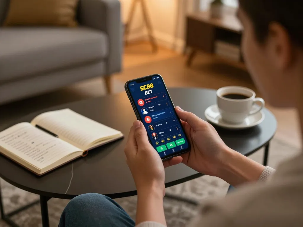 Engaging with SC88 BET app on smartphone while enjoying responsible gaming in a cozy home setting.