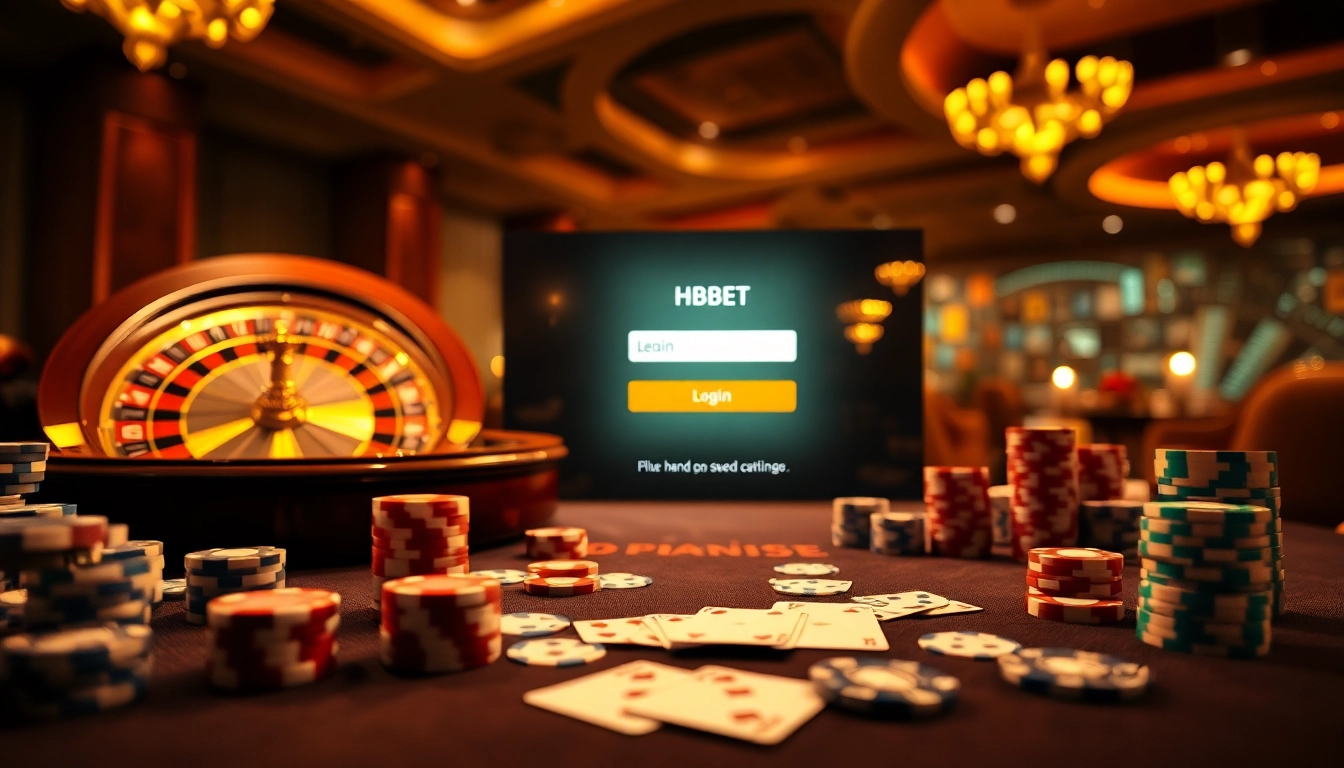 Engaging visual of ĐĂNG NHẬP HBBET login screen surrounded by casino elements.