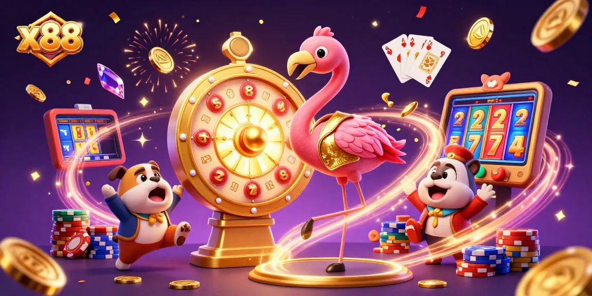 x88 spins a giant prize wheel in an exciting casino scene filled with gold coins and gems