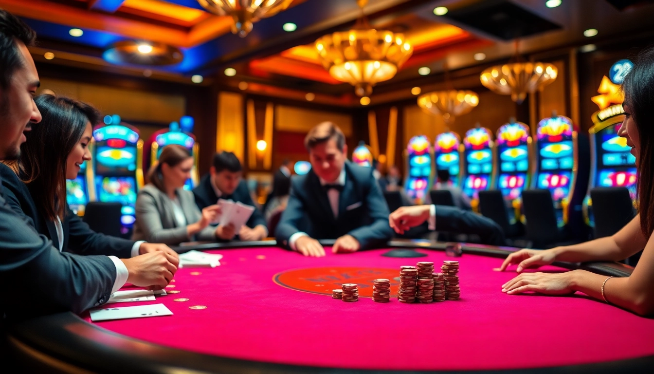 Engaged players winning at nk88 casino poker table with vibrant elements.