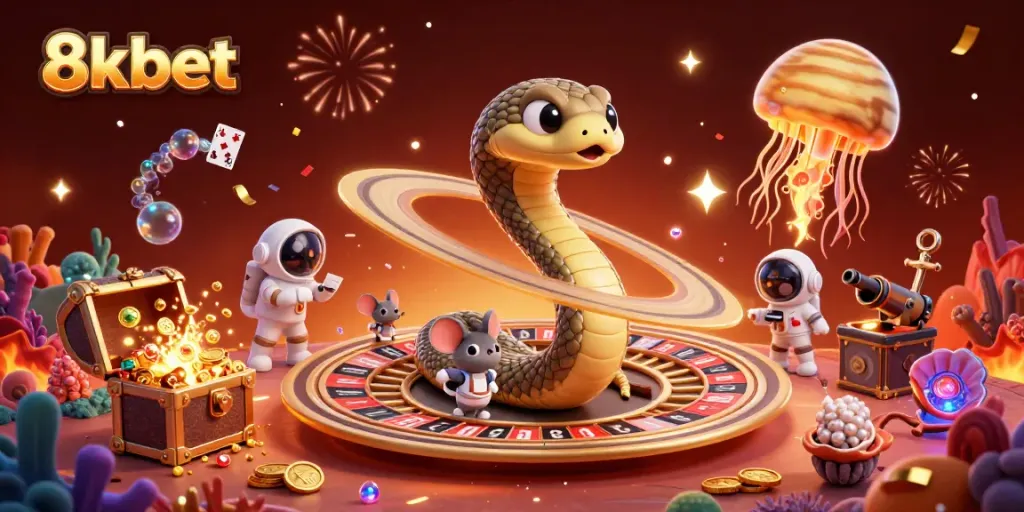 Bet on 8xbet with cosmic elements and whimsical characters in a vibrant casino-style 3D scene.
