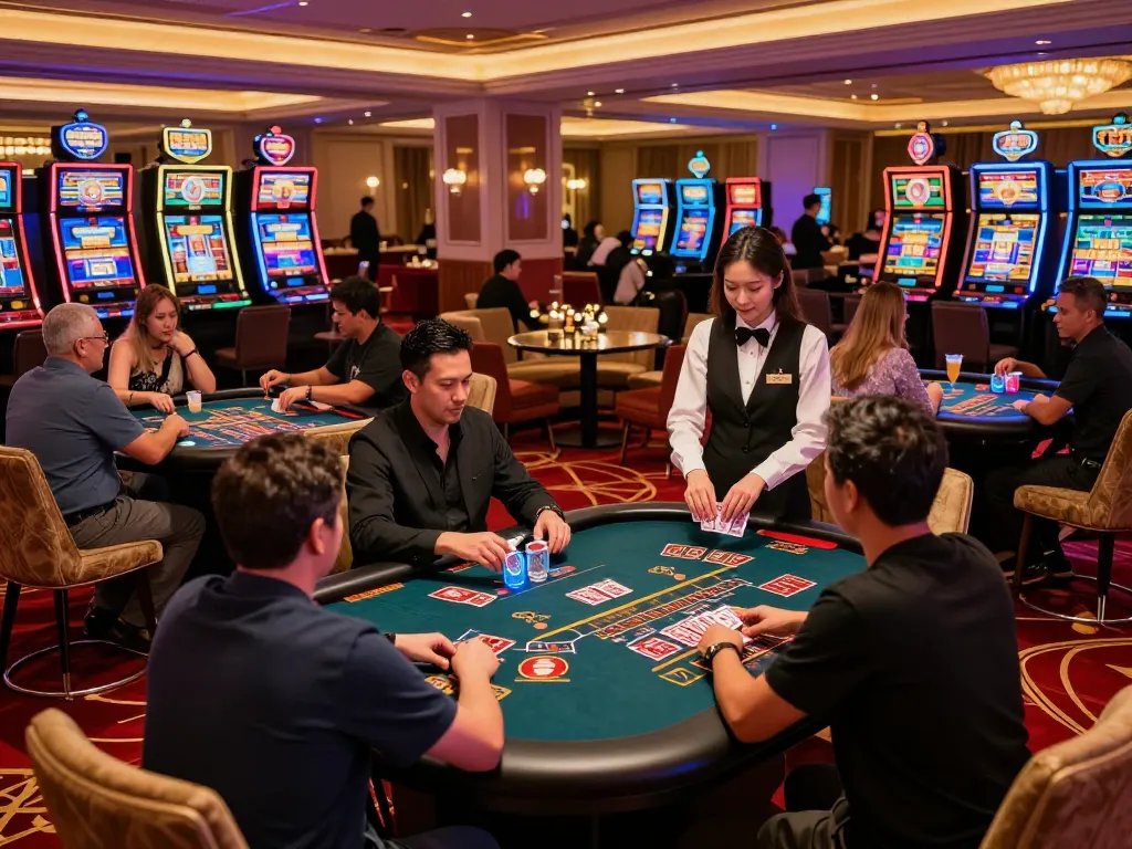 Exciting gaming atmosphere at SC88.Casino featuring players at Baccarat and Roulette tables.