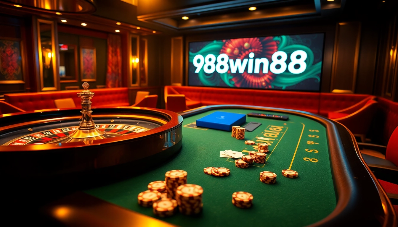 Experience the excitement of 98win58 at a vibrant casino scene with poker chips and roulette.