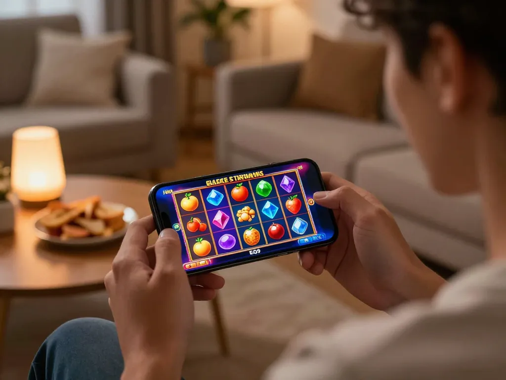 Player enjoying slots on EQ9 app in cozy living room, showcasing engaging mobile gaming experience.