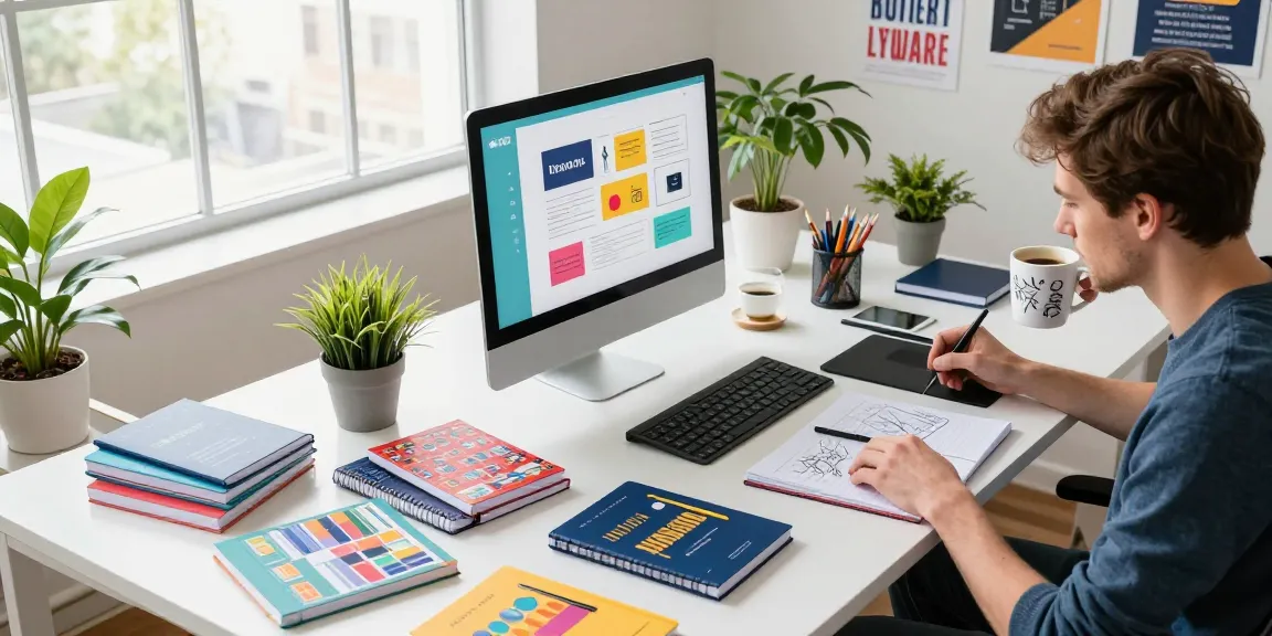 Designer creating custom printed notebooks in a vibrant office.